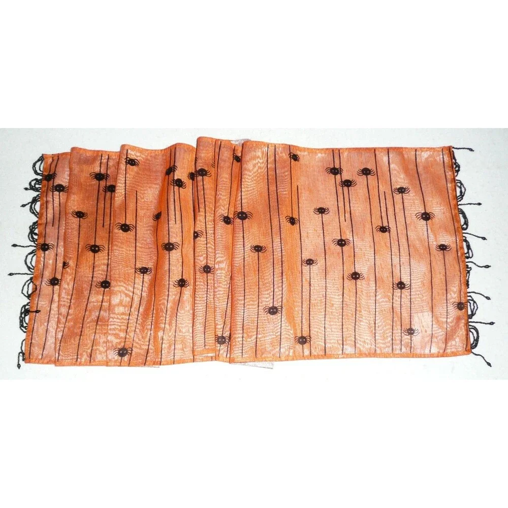 Pier 1 Imports Halloween Table Runner Orange Organza Flocked Spiders & Beads 72